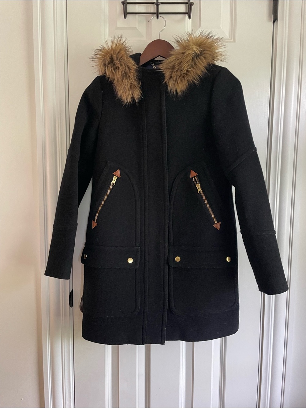 J. Crew Black Coat with Faux Fur Trim and Gold Chain Detail